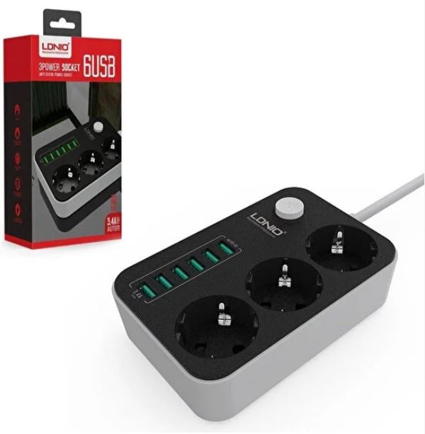3lü-akım-koruma-1 AKIM KORUMALI PRİZ ÜÇLÜ ANAHTARLI 6XUSB ŞARJ 1.6MT - Görsel 1