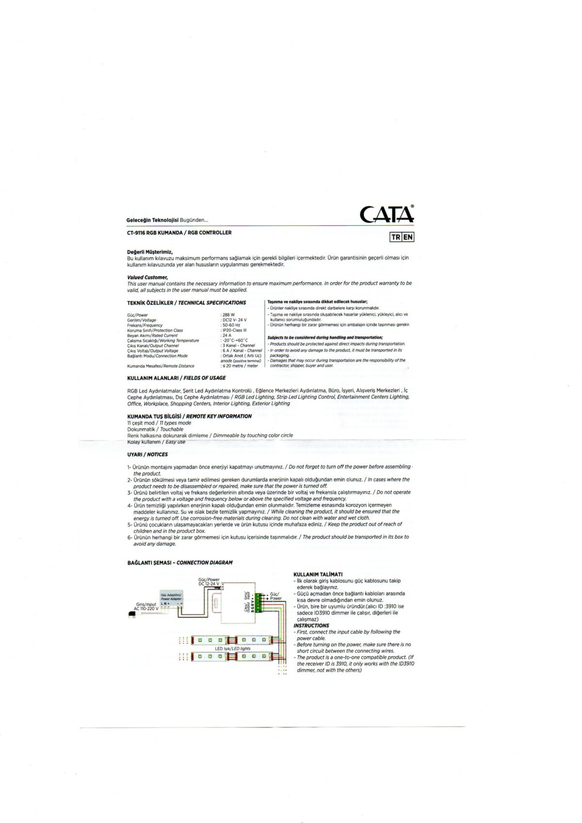 Cata Kumanda 24 Amper Ct-9116 Siyah Rgb Dokunmatik Kumanda - Görsel 2