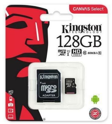 Kingston 128GB Micro Sd Canvas Select Plus 100R A1 C10 Card + ADP Hafıza Kartı
